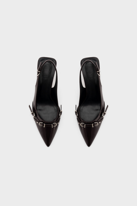 BUCKLED POINTY TOE SCULPTURE SLINGBACK HEEL