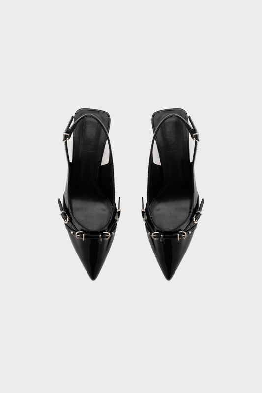 BUCKLED POINTY TOE SCULPTURE SLINGBACK HEEL