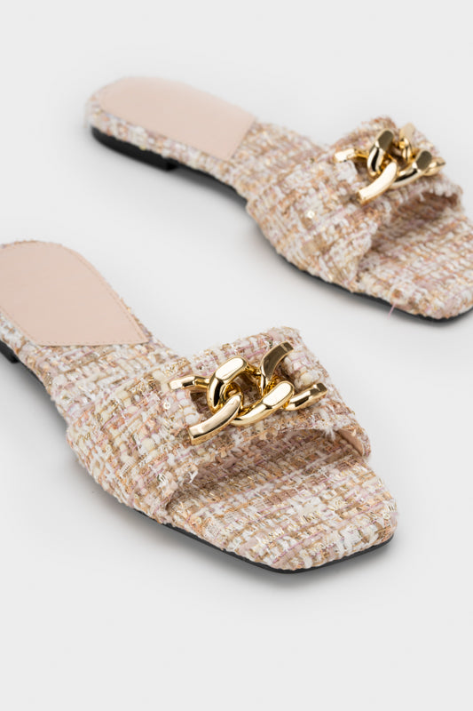 TWEED WITH EMBELLISHED CHAIN FLAT SLIDE